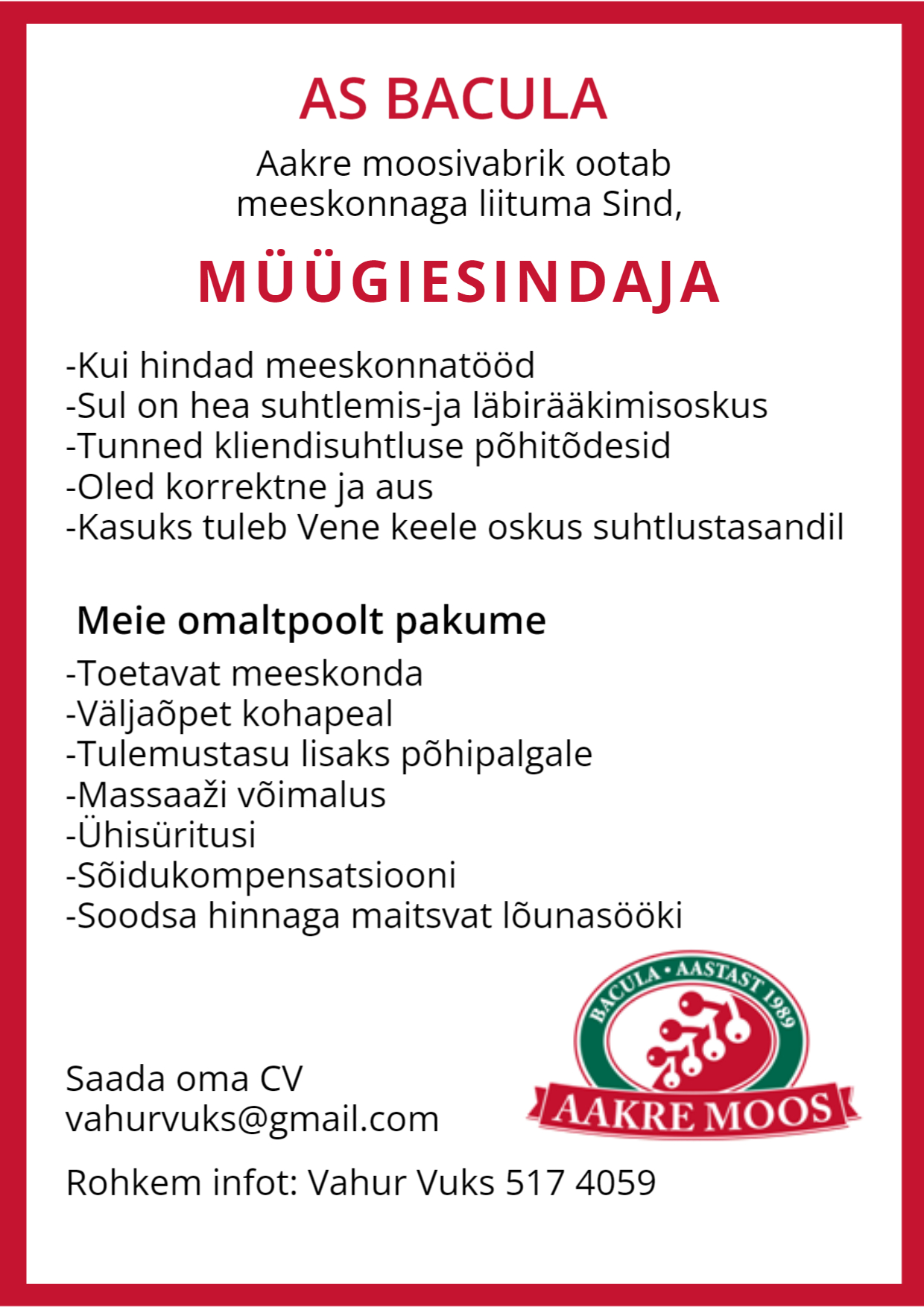 Pakume tööd müügiesindajale